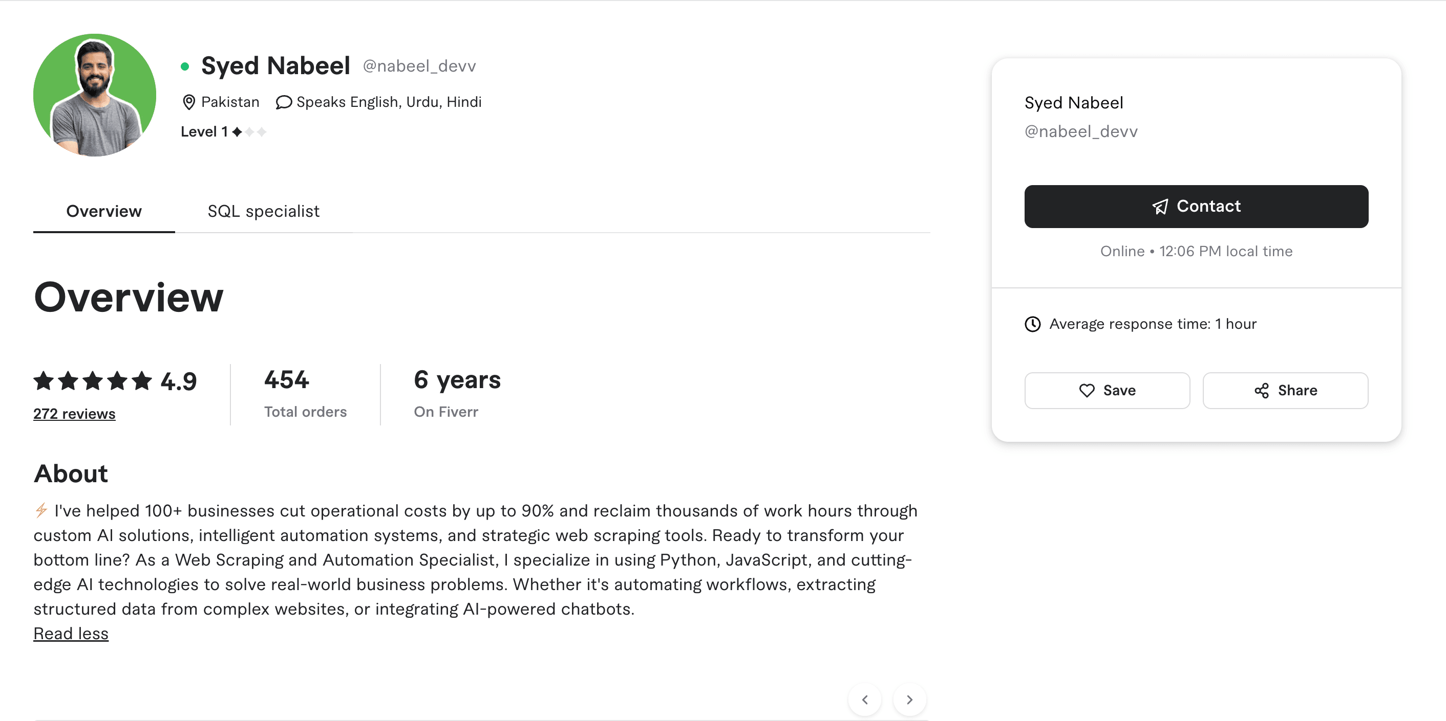 Beelodev Fiverr profile — Level 1 automation seller