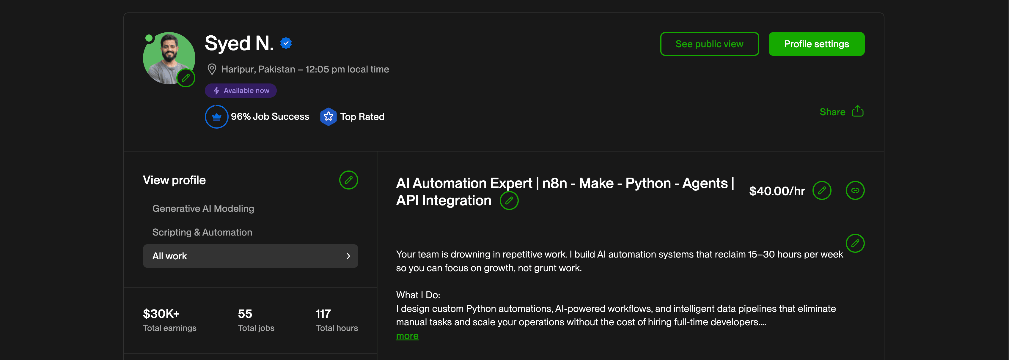 Beelodev Upwork profile — Top Rated AI automation developer